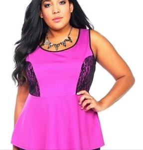 Torrid Top Womens 3X Purple Black Lace Trim Peplum Sleeveless Plus Size Shirt